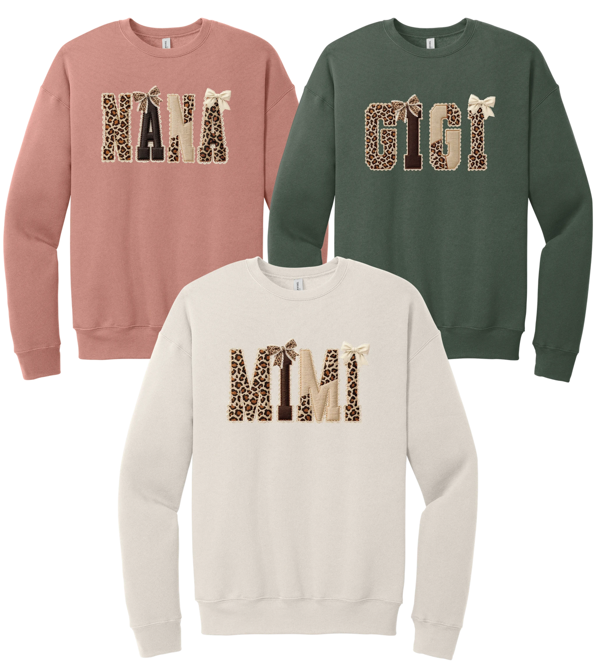 Grandma Leopard Applique crewneck sweatshirts shown in Nana on Mauve, Mimi on Heather Dust, and Gigi on Military Green