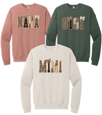 Grandma Leopard Applique crewneck sweatshirts shown in Nana on Mauve, Mimi on Heather Dust, and Gigi on Military Green