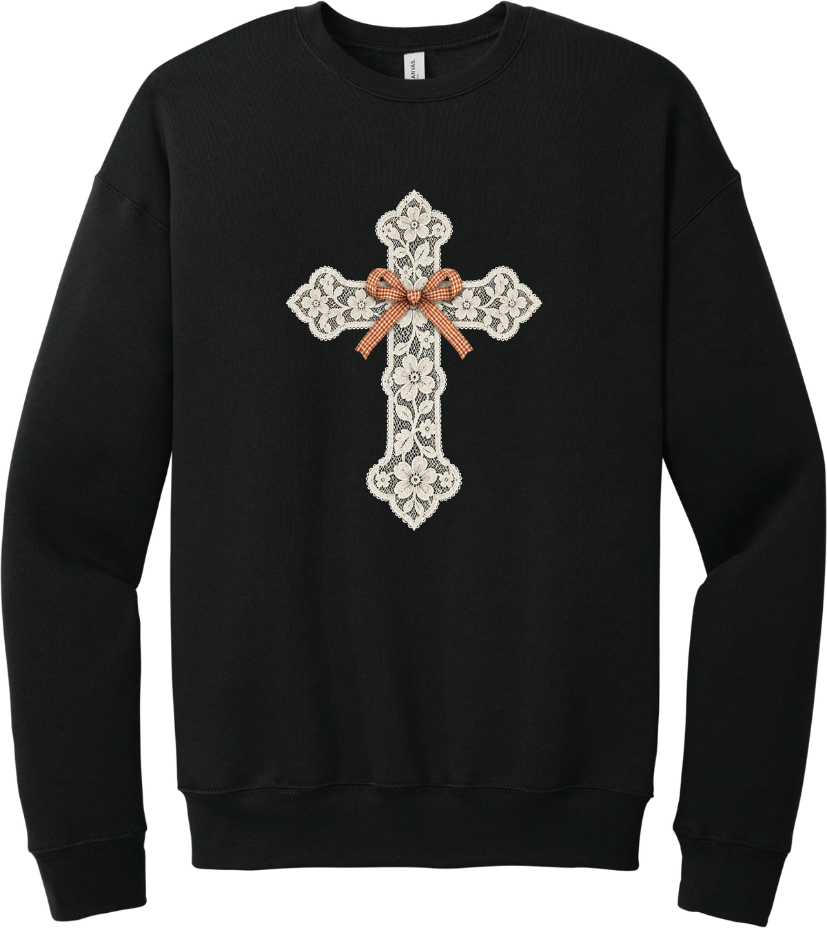 Vintage Lace Cross crewneck sweatshirt in Black, featuring a cream floral lace cross tied with an orange gingham bow