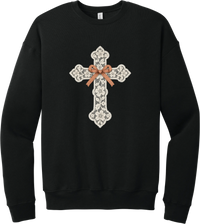 Vintage Lace Cross crewneck sweatshirt in Black, featuring a cream floral lace cross tied with an orange gingham bow