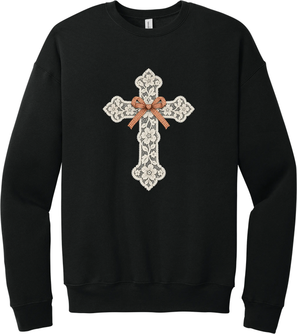 Vintage Lace Cross crewneck sweatshirt in Black, featuring a cream floral lace cross tied with an orange gingham bow