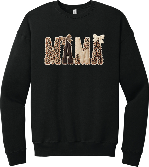 Mama Leopard Applique crewneck sweatshirt in Black, featuring MAMA spelled out in leopard, cream, and chocolate patches with a scalloped stitched applique look and two bows