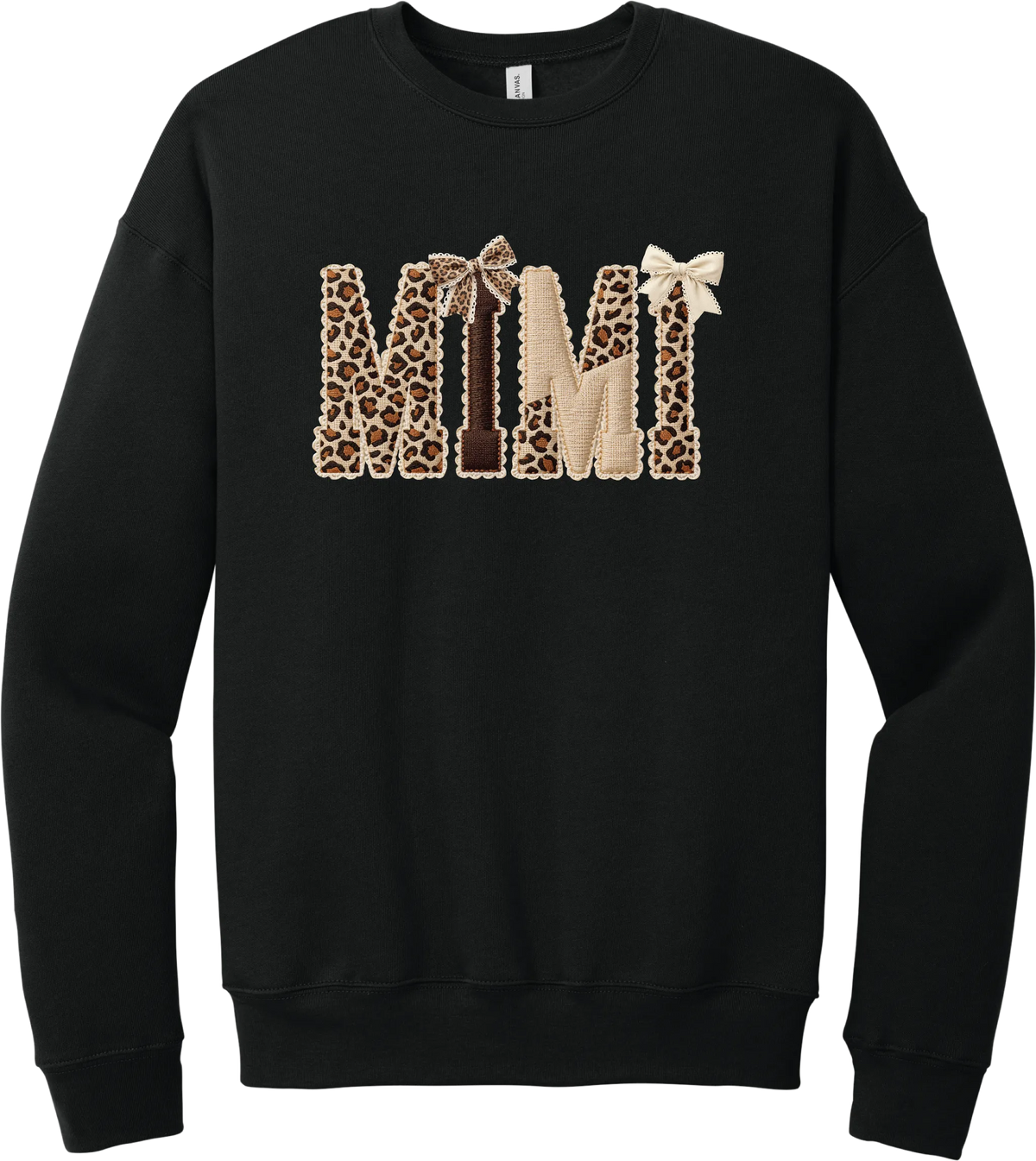 Grandma Leopard Applique crewneck sweatshirt in Black, featuring MIMI spelled out in leopard, cream, and chocolate patches with a scalloped stitched applique look and two bows
