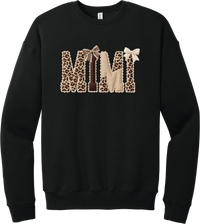 Grandma Leopard Applique crewneck sweatshirt in Black, featuring MIMI spelled out in leopard, cream, and chocolate patches with a scalloped stitched applique look and two bows