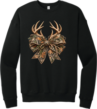 Coquette Antlers crewneck sweatshirt in Black, featuring deer antlers tied with an oversized camo bow, twine, and autumn leaves