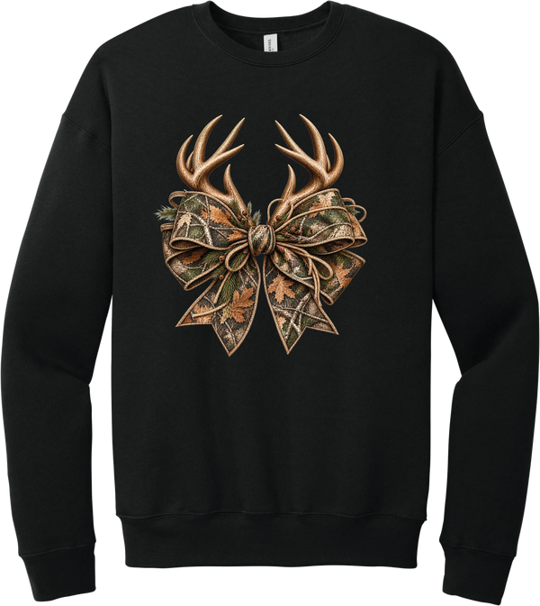 Coquette Antlers crewneck sweatshirt in Black, featuring deer antlers tied with an oversized camo bow, twine, and autumn leaves