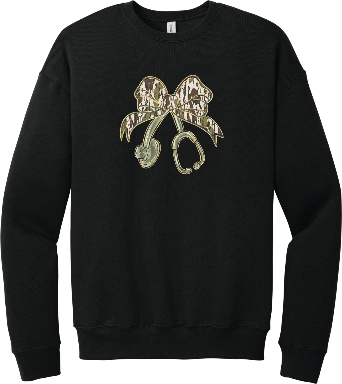 Camo Bow Stethoscope crewneck sweatshirt in Black, featuring a glittery camo print coquette bow tied to a sage green stethoscope