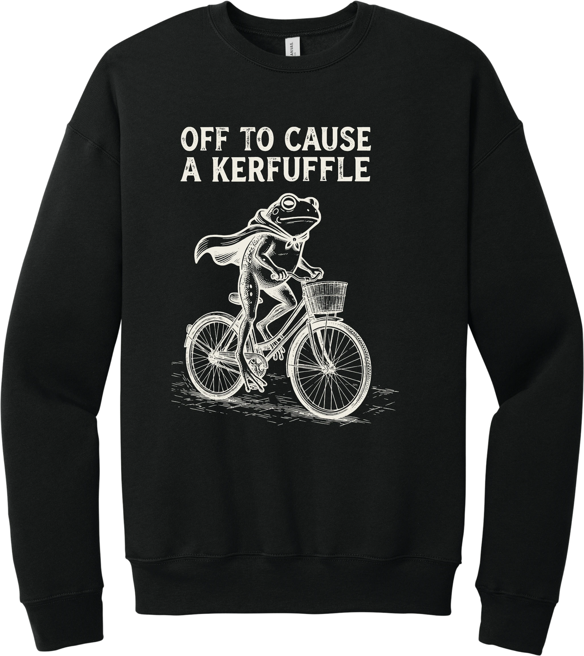 Off to Cause a Kerfuffle crewneck sweatshirt in Black, featuring a caped frog riding a vintage bicycle with Off to cause a kerfuffle