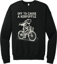 Off to Cause a Kerfuffle crewneck sweatshirt in Black, featuring a caped frog riding a vintage bicycle with Off to cause a kerfuffle
