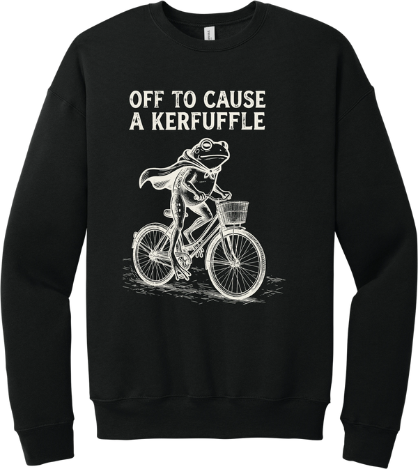 Off to Cause a Kerfuffle crewneck sweatshirt in Black, featuring a caped frog riding a vintage bicycle with Off to cause a kerfuffle