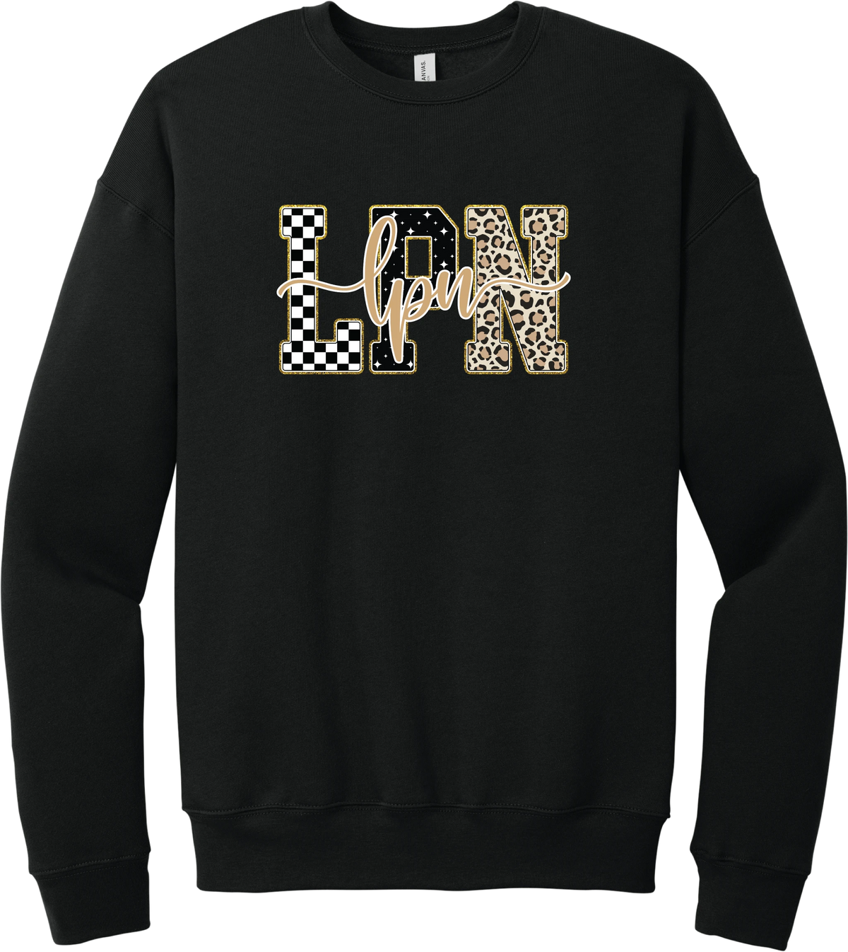 Glitzy Patterned LPN crewneck sweatshirt in Black, featuring LPN block letters in checkerboard, sparkle star, and leopard patterns with a gold glitter outline and lpn script