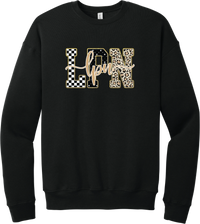 Glitzy Patterned LPN crewneck sweatshirt in Black, featuring LPN block letters in checkerboard, sparkle star, and leopard patterns with a gold glitter outline and lpn script