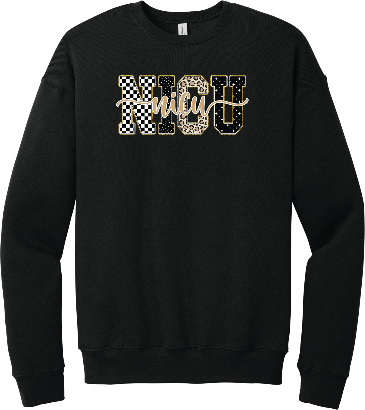 Glitzy Patterned NICU crewneck sweatshirt in Black, featuring NICU block letters in checkerboard, polka dot, leopard, and starry patterns with a gold glitter outline and nicu script