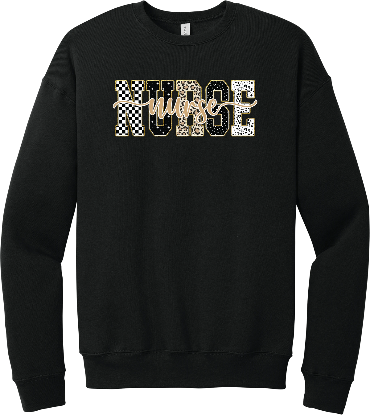 Glitzy Patterned Nurse crewneck sweatshirt in Black, featuring NURSE block letters in checkerboard, leopard, and polka dot patterns with a gold glitter outline and nurse script