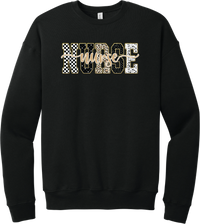 Glitzy Patterned Nurse crewneck sweatshirt in Black, featuring NURSE block letters in checkerboard, leopard, and polka dot patterns with a gold glitter outline and nurse script