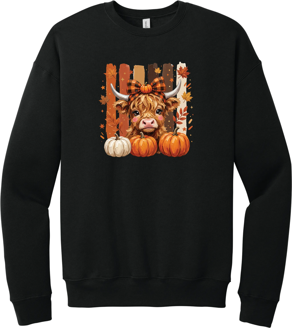 Highland Cozy crewneck sweatshirt in Black, featuring a fluffy highland cow calf in a buffalo check bow with pumpkins and painted autumn stripes
