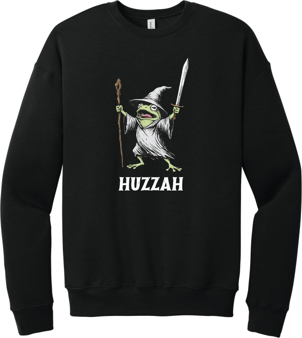 Huzzah crewneck sweatshirt in Black, featuring a wizard frog raising a sword and staff with HUZZAH