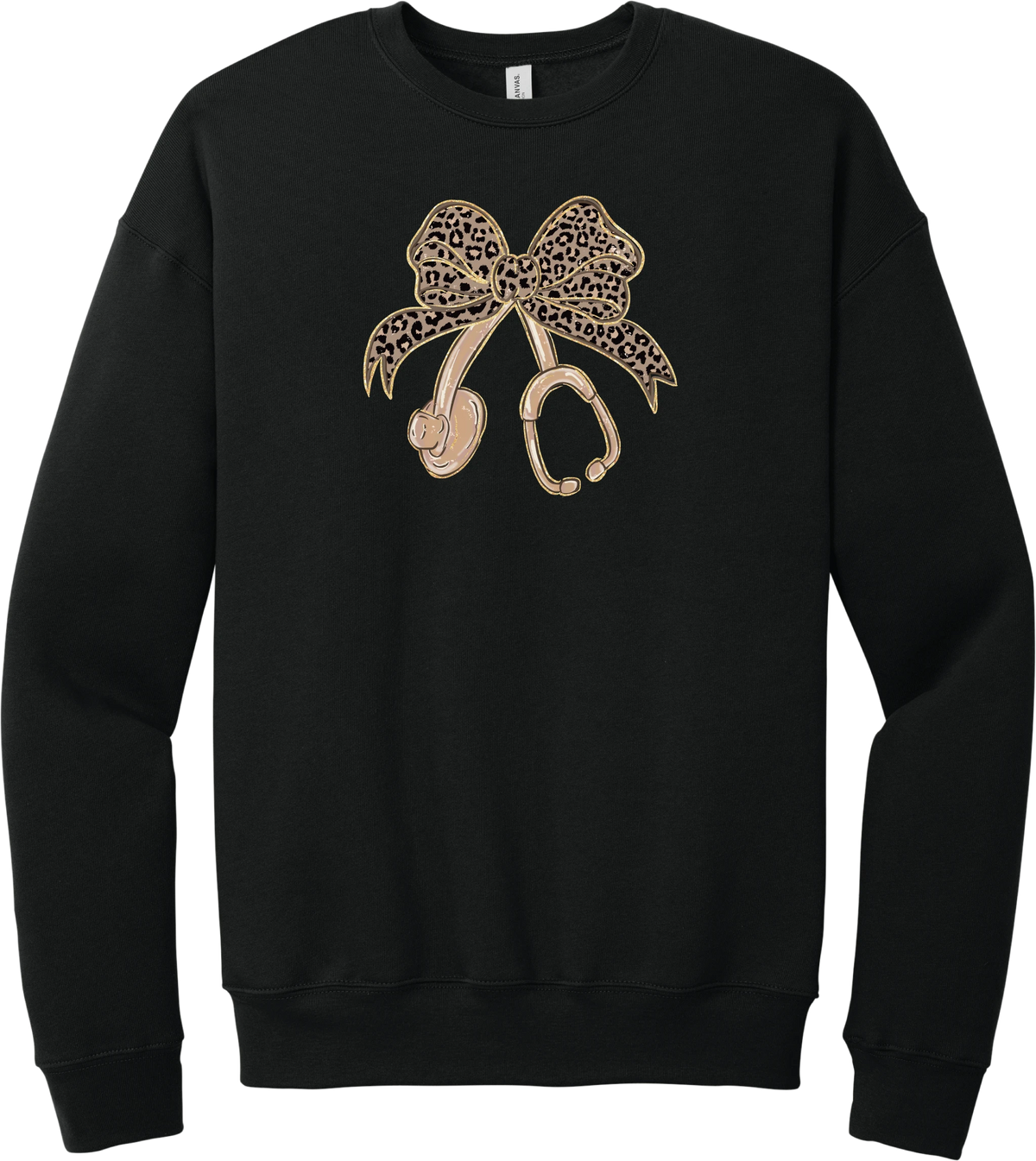 Leopard Bow Stethoscope crewneck sweatshirt in Black, featuring a glittery leopard print coquette bow tied to a rose gold stethoscope