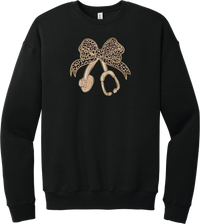 Leopard Bow Stethoscope crewneck sweatshirt in Black, featuring a glittery leopard print coquette bow tied to a rose gold stethoscope
