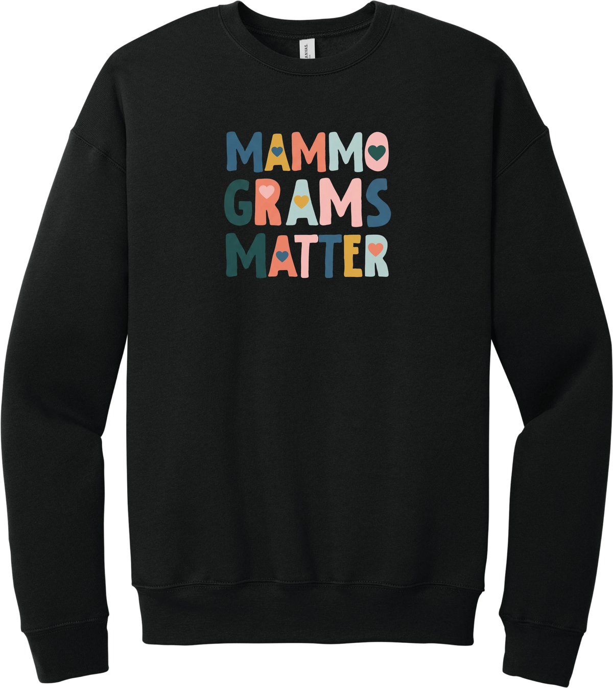 Mammograms Matter crewneck sweatshirt in Black, featuring MAMMOGRAMS MATTER in bold multicolor block letters with tiny hearts tucked inside