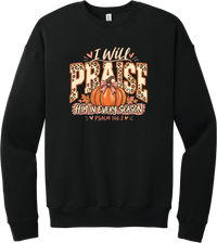 Praise Him Pumpkin crewneck sweatshirt in Black, featuring I Will Praise Him in Every Season in leopard varsity letters with a pumpkin, a pink bow, and Psalm 146:2