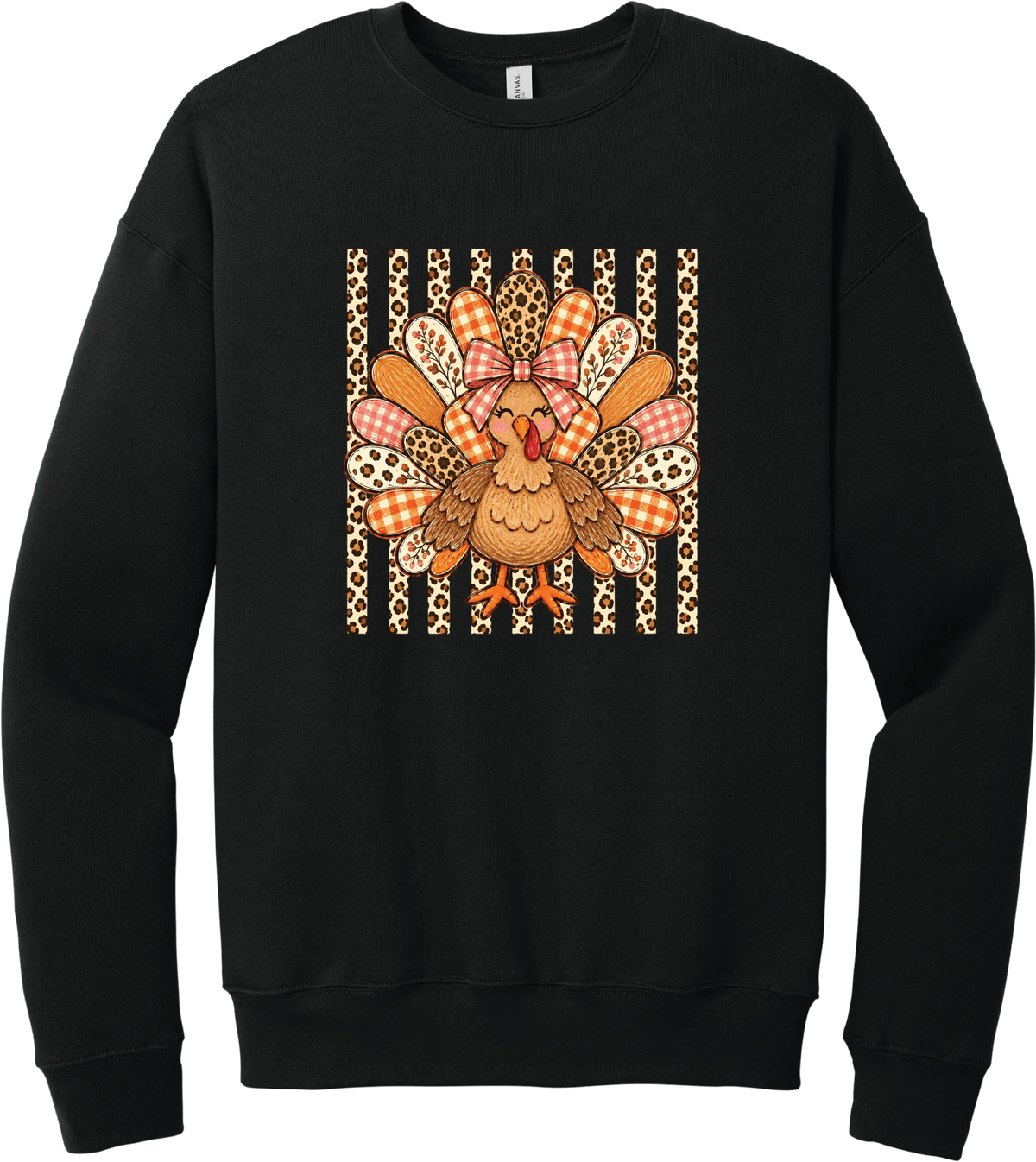 Preppy Turkey crewneck sweatshirt in Black, featuring a smiling turkey with gingham and leopard feathers and a pink bow on a leopard stripe background