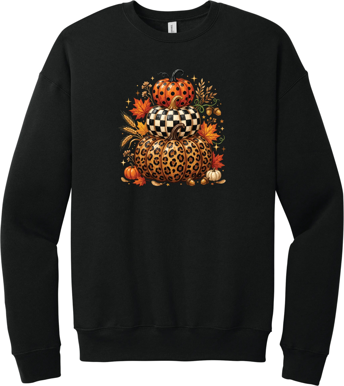 All Stacked Up crewneck sweatshirt in Black, featuring three stacked pumpkins in polka dot, checkerboard, and leopard with autumn leaves