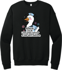 Remain Calm Nurse crewneck sweatshirt in Black, featuring a nurse goose in a cap with sparkles and flowers above Remain Calm lettering