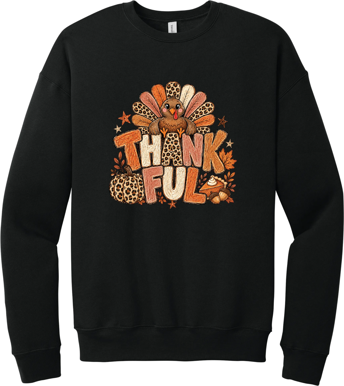 Thankful Leopard Turkey crewneck sweatshirt in Black, featuring a leopard and plaid feathered turkey over the word Thankful, with a leopard pumpkin, pie, and autumn leaves