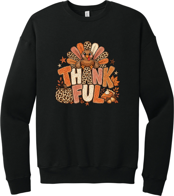Thankful Leopard Turkey crewneck sweatshirt in Black, featuring a leopard and plaid feathered turkey over the word Thankful, with a leopard pumpkin, pie, and autumn leaves