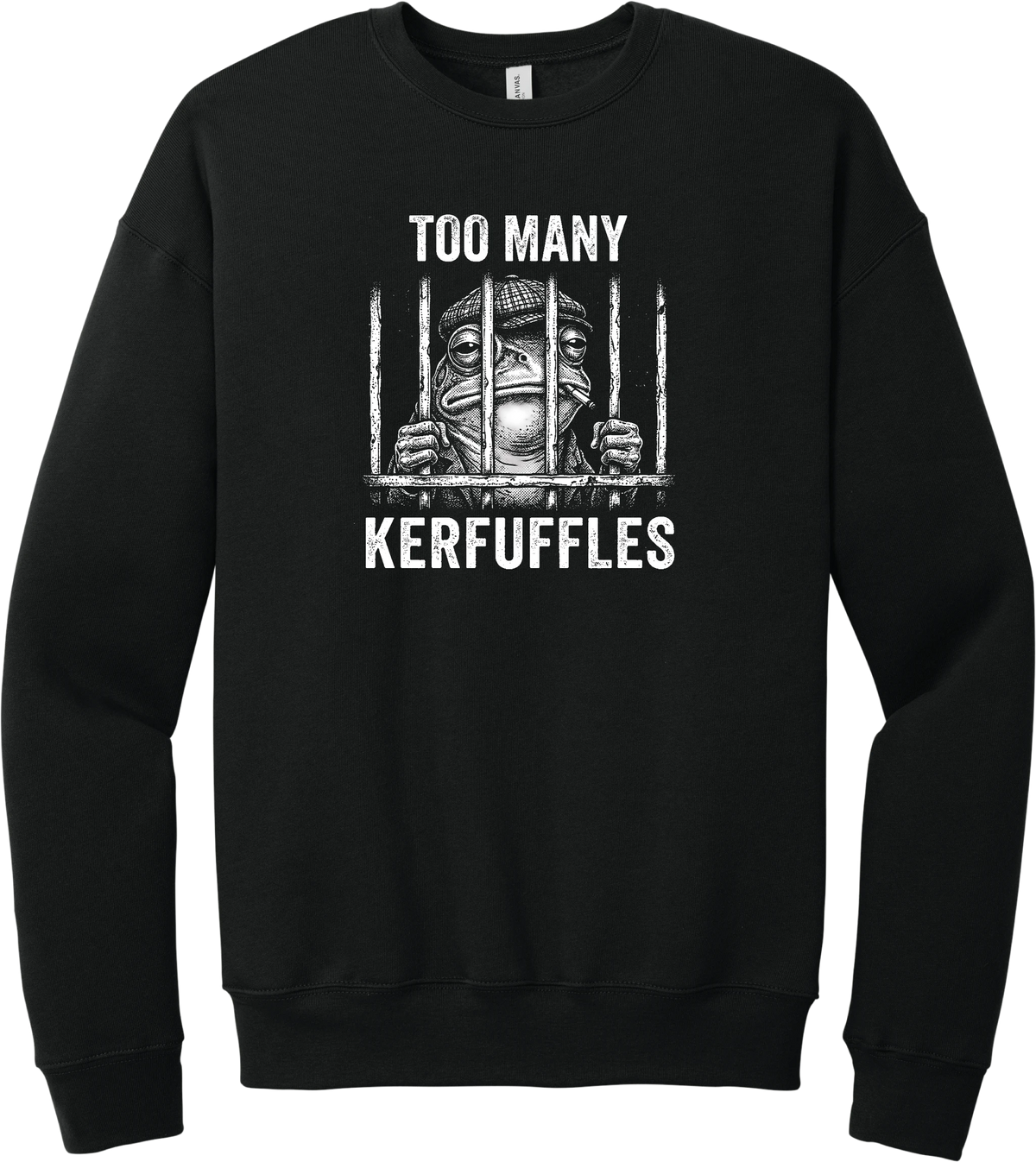 Too Many Kerfuffles crewneck sweatshirt in Black, featuring a frog in a newsboy cap behind jail bars with Too many kerfuffles