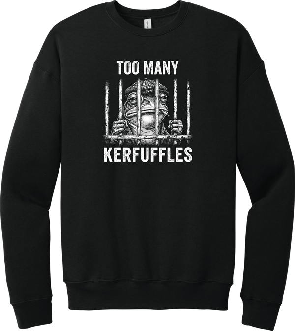 Too Many Kerfuffles crewneck sweatshirt in Black, featuring a frog in a newsboy cap behind jail bars with Too many kerfuffles