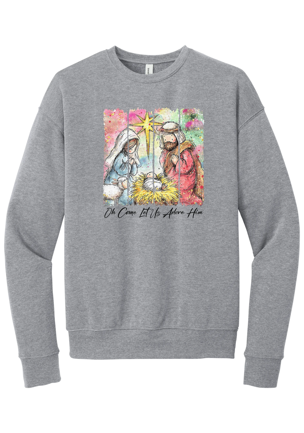 Adore Him Painted Nativity crewneck sweatshirt in Athletic Heather, featuring a watercolor nativity of Mary, Joseph, and baby Jesus under a star with Oh Come Let Us Adore Him script