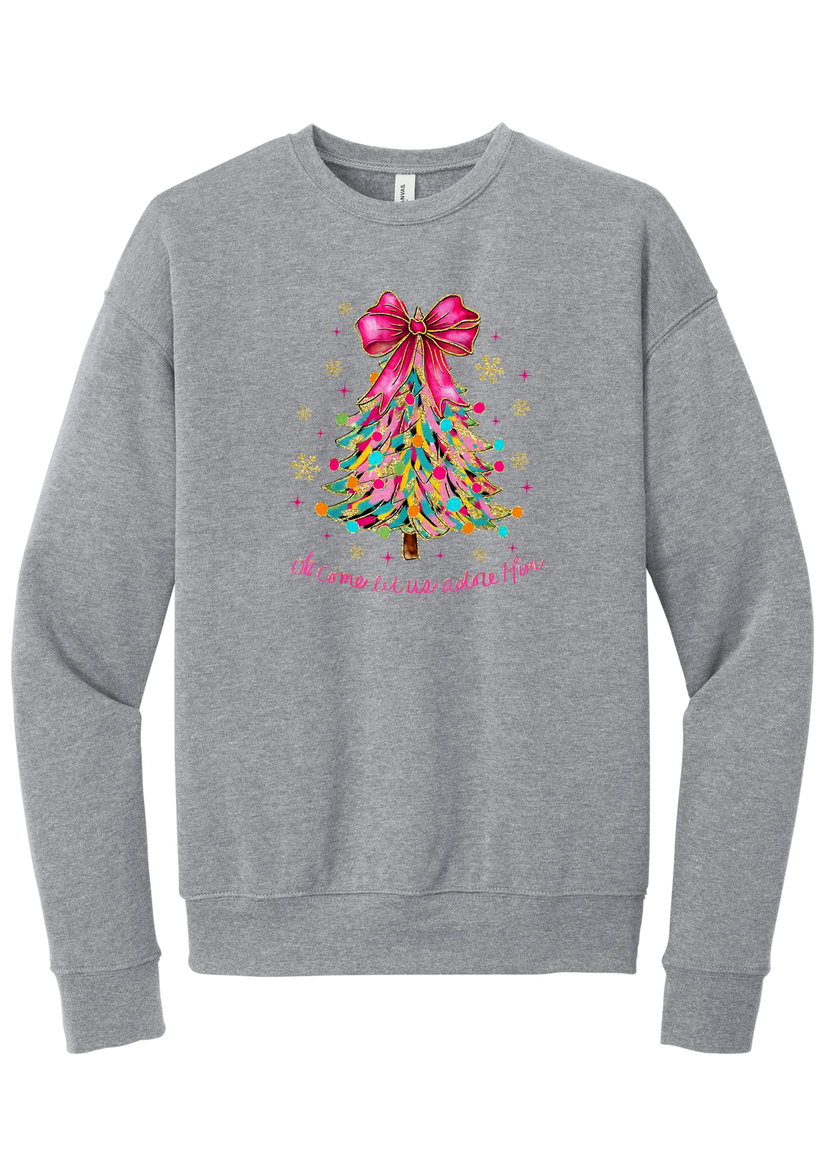 Adore Him Ribbon Tree crewneck sweatshirt in Athletic Heather, featuring a colorful ribbon Christmas tree with a pink bow over Oh Come Let Us Adore Him script