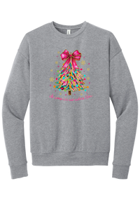 Adore Him Ribbon Tree crewneck sweatshirt in Athletic Heather, featuring a colorful ribbon Christmas tree with a pink bow over Oh Come Let Us Adore Him script