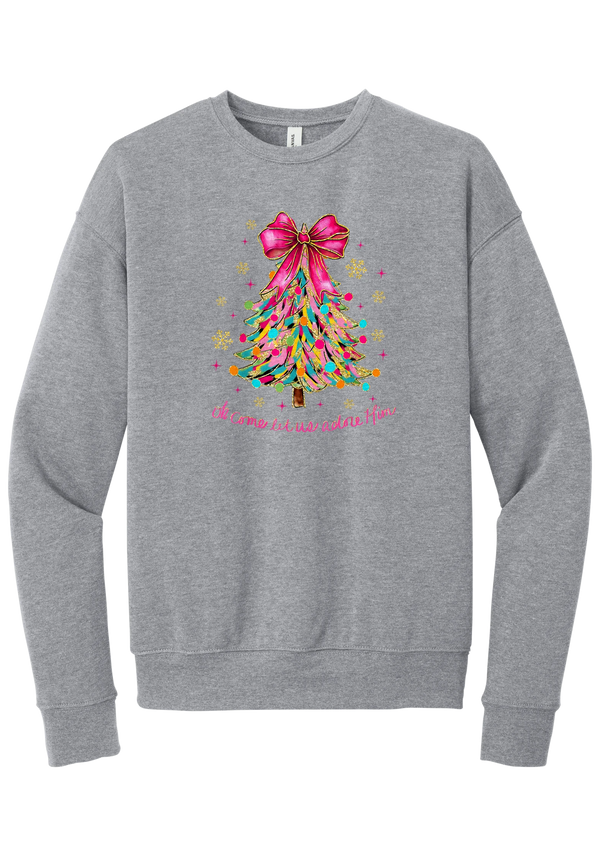 Adore Him Ribbon Tree crewneck sweatshirt in Athletic Heather, featuring a colorful ribbon Christmas tree with a pink bow over Oh Come Let Us Adore Him script