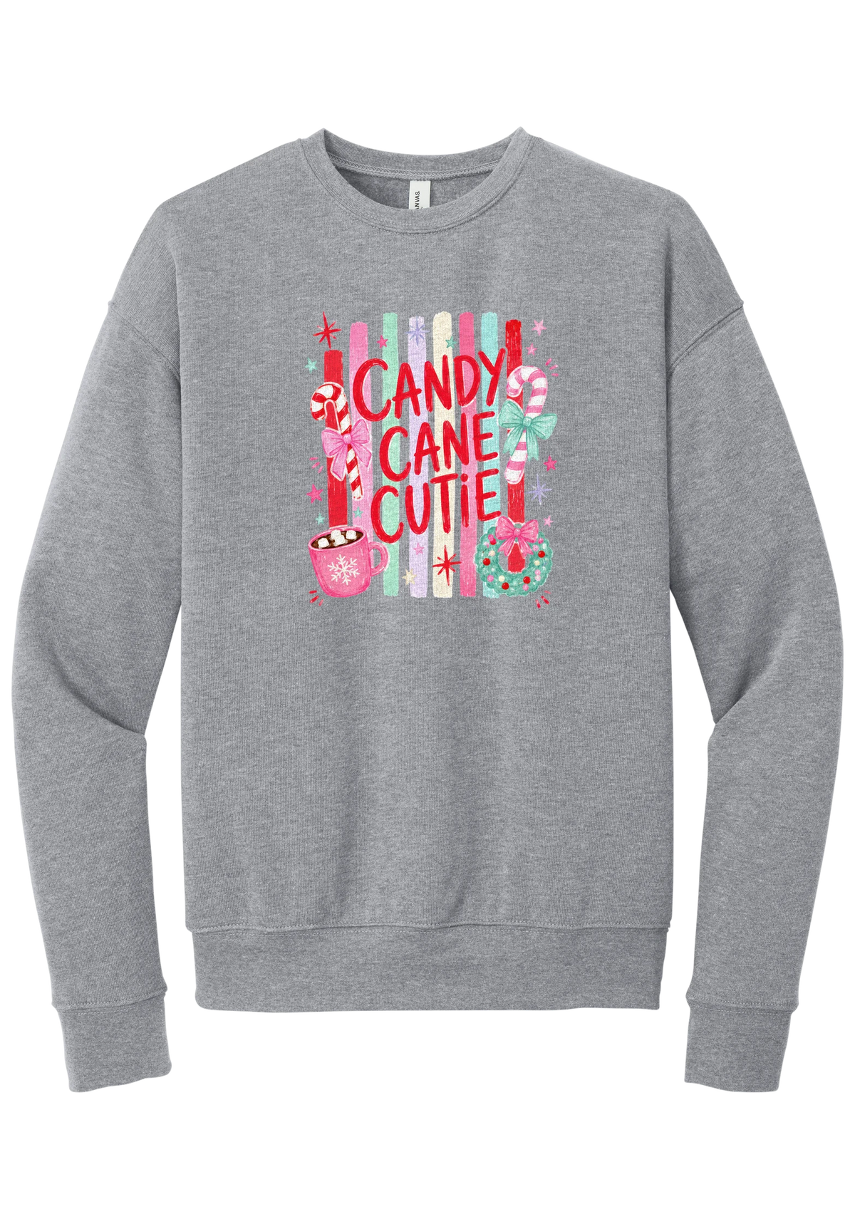 Candy Cane Cutie crewneck sweatshirt in Athletic Heather, featuring red CANDY CANE CUTIE letters on pastel stripes with candy canes, cocoa, and bows