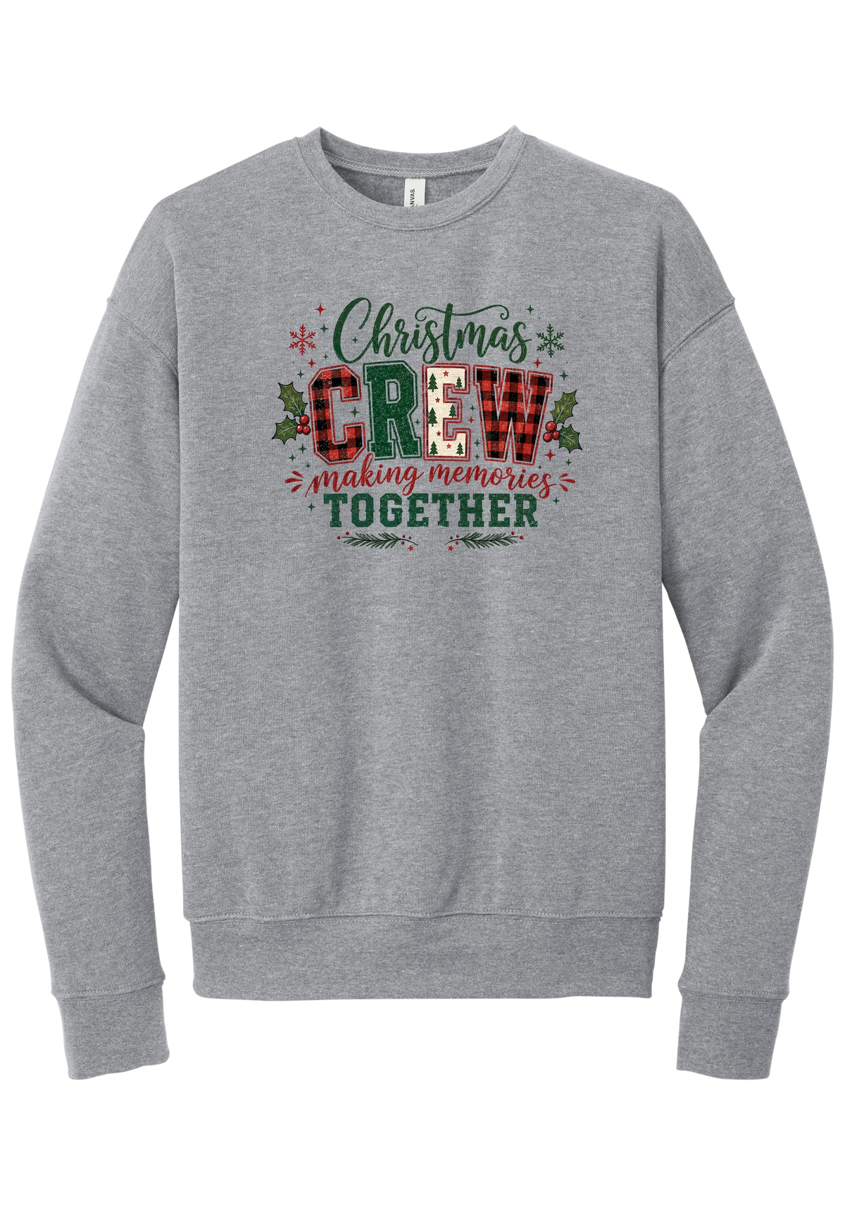Christmas Crew Making Memories Together crewneck sweatshirt in Athletic Heather, featuring Christmas script over CREW letters in red buffalo plaid, green, and a Christmas tree print with making memories together, holly, and snowflakes