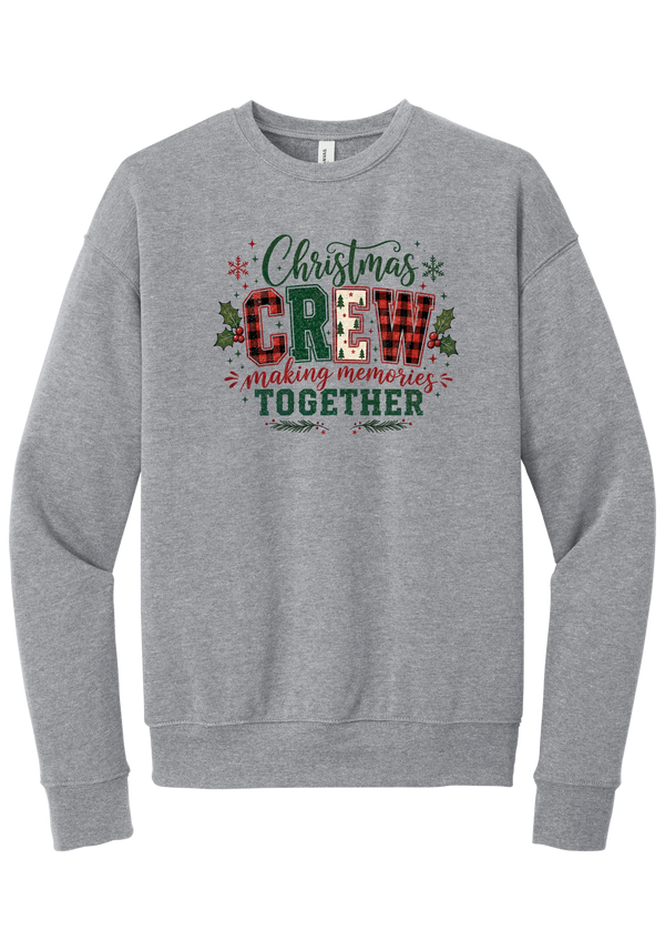 Christmas Crew Making Memories Together crewneck sweatshirt in Athletic Heather, featuring Christmas script over CREW letters in red buffalo plaid, green, and a Christmas tree print with making memories together, holly, and snowflakes
