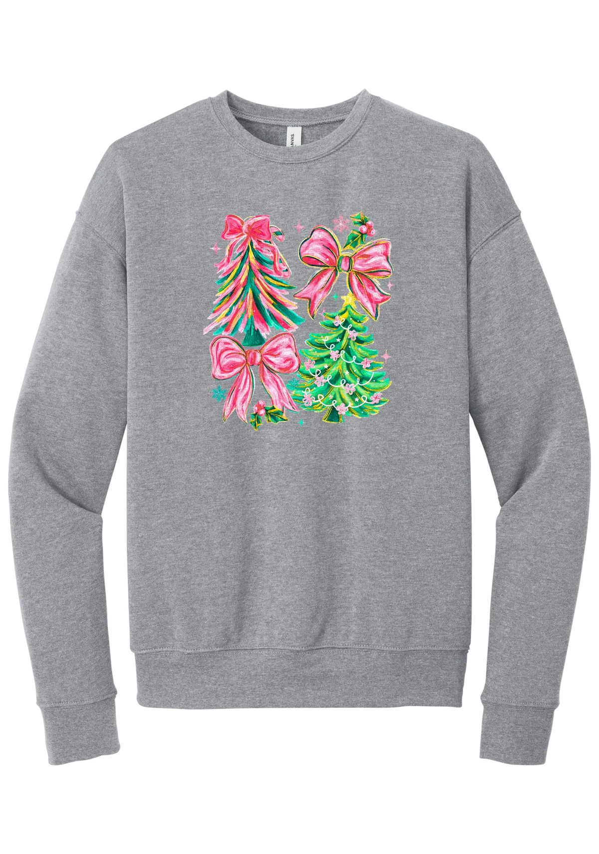 Christmas Tree Bows crewneck sweatshirt in Athletic Heather, featuring painted pink and green Christmas trees with big pink satin bows