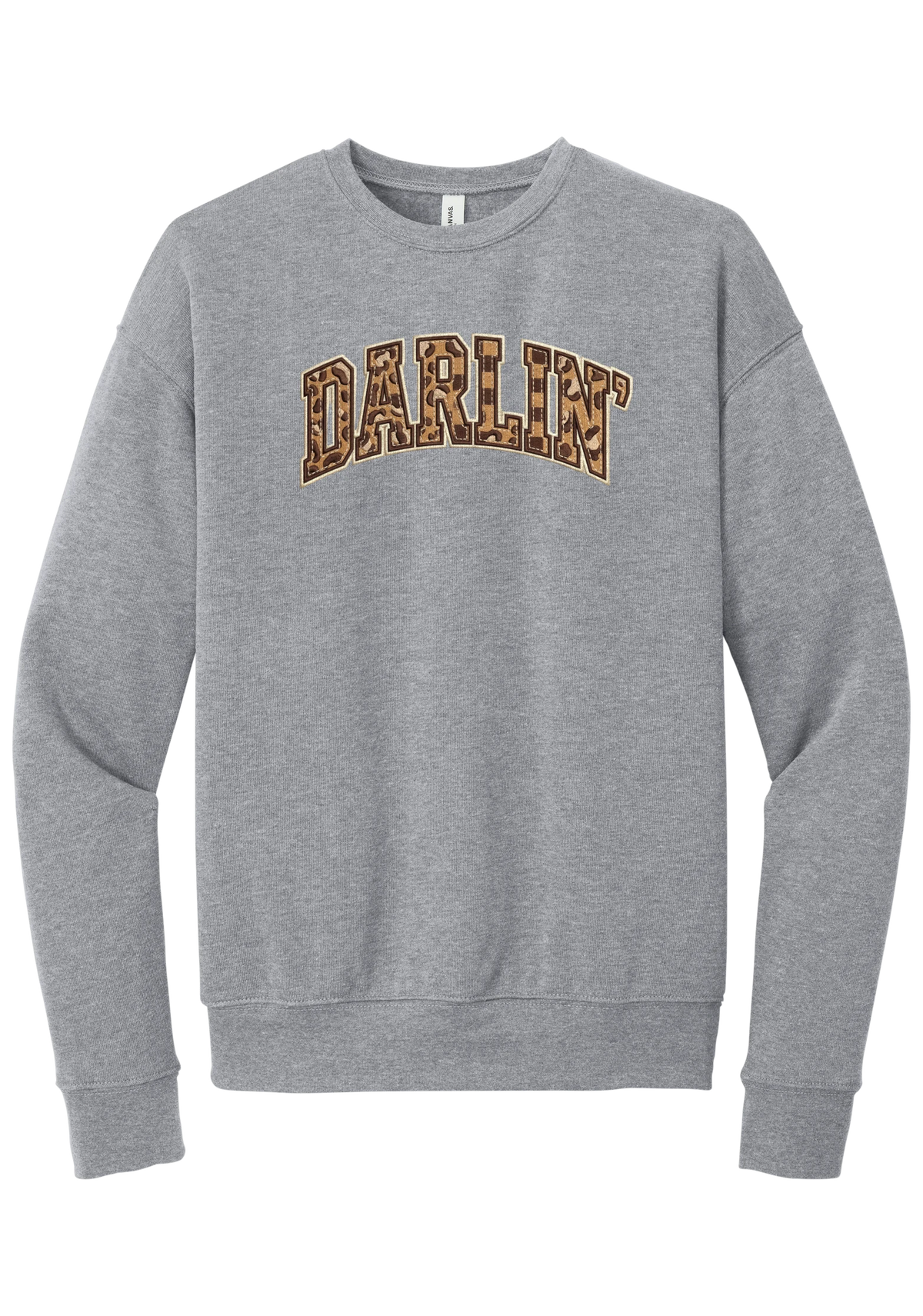Darlin' crewneck sweatshirt, Checker Outline design, in Athletic Heather, featuring arched varsity DARLIN' letters filled with leopard and checker print