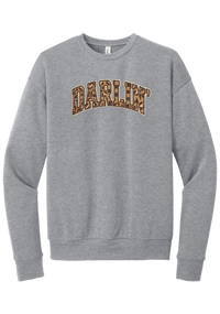 Darlin' crewneck sweatshirt, Checker Outline design, in Athletic Heather, featuring arched varsity DARLIN' letters filled with leopard and checker print