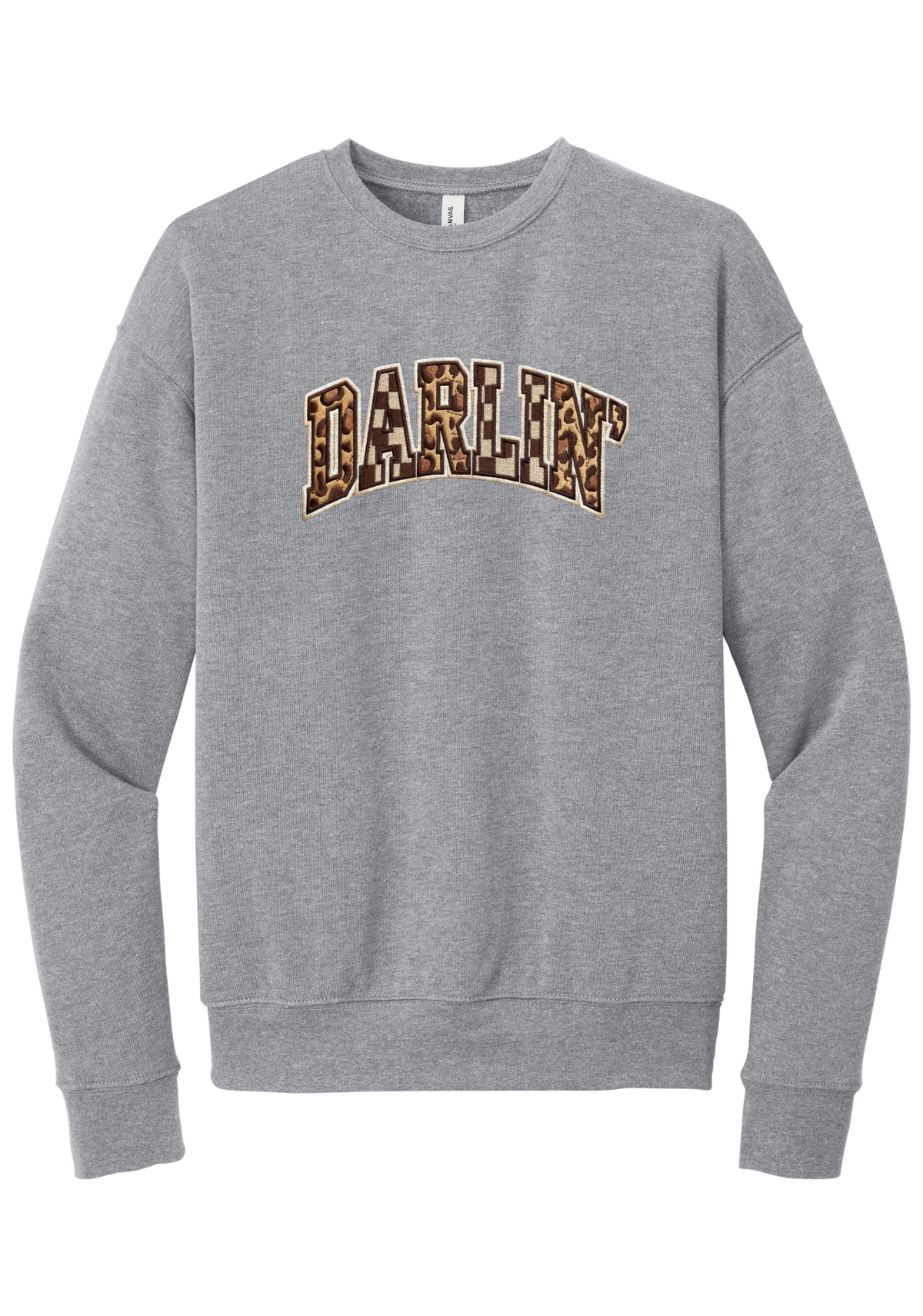 Darlin' crewneck sweatshirt, Patchwork design, in Athletic Heather, featuring arched varsity DARLIN' letters filled with leopard and checker print