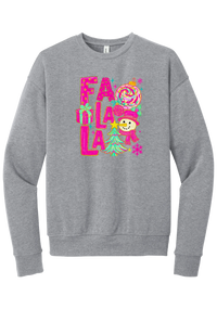 Fa La La Snowman crewneck sweatshirt in Athletic Heather, featuring stacked hot pink FA LA LA letters with a snowman, a tinsel tree, gifts, and ornaments