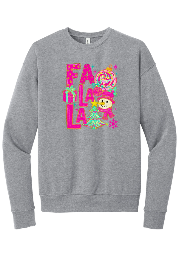 Fa La La Snowman crewneck sweatshirt in Athletic Heather, featuring stacked hot pink FA LA LA letters with a snowman, a tinsel tree, gifts, and ornaments