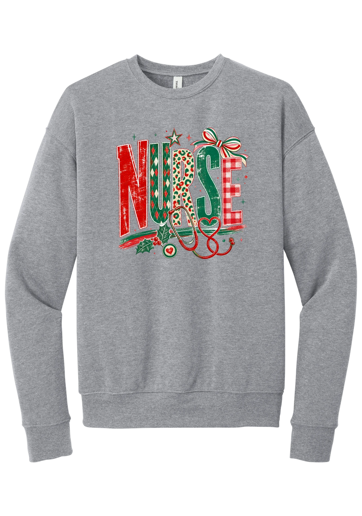 Holiday Nurse Stethoscope crewneck sweatshirt in Athletic Heather, featuring patterned NURSE letters in red and green argyle, leopard, and gingham with a striped bow, holly, and a red heart stethoscope