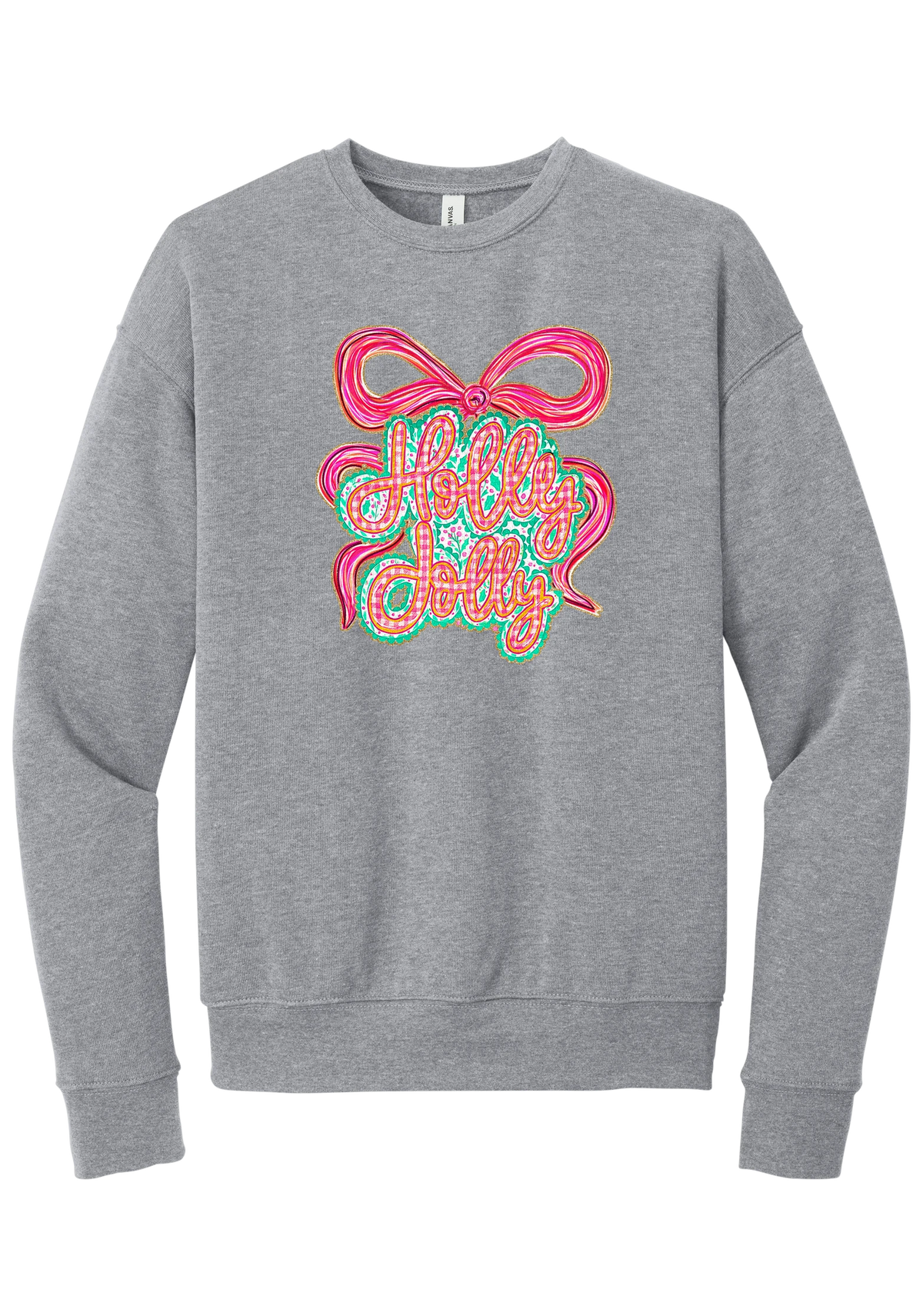 Holly Jolly Bow Script crewneck sweatshirt in Athletic Heather, featuring pink gingham Holly Jolly script on a teal badge framed by a big pink bow