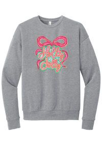 Holly Jolly Bow Script crewneck sweatshirt in Athletic Heather, featuring pink gingham Holly Jolly script on a teal badge framed by a big pink bow