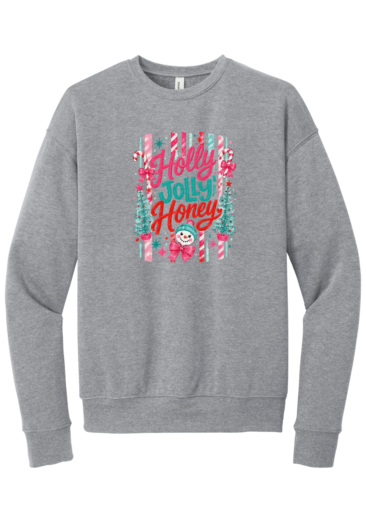 Holly Jolly Honey crewneck sweatshirt in Athletic Heather, featuring red and teal Holly Jolly Honey script with candy cane stripes, bottle brush trees, and a snowman