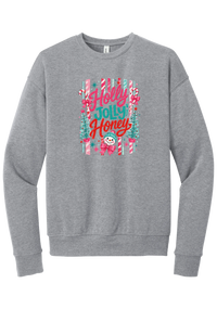 Holly Jolly Honey crewneck sweatshirt in Athletic Heather, featuring red and teal Holly Jolly Honey script with candy cane stripes, bottle brush trees, and a snowman